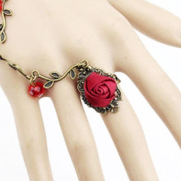 Gothic Red Rose Black Crochet Bracelet Ring Combo - Picture 6 of 7